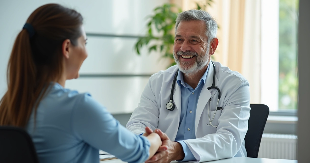 Paciente sorridente cumprimentando médico ao retornar à clínica 