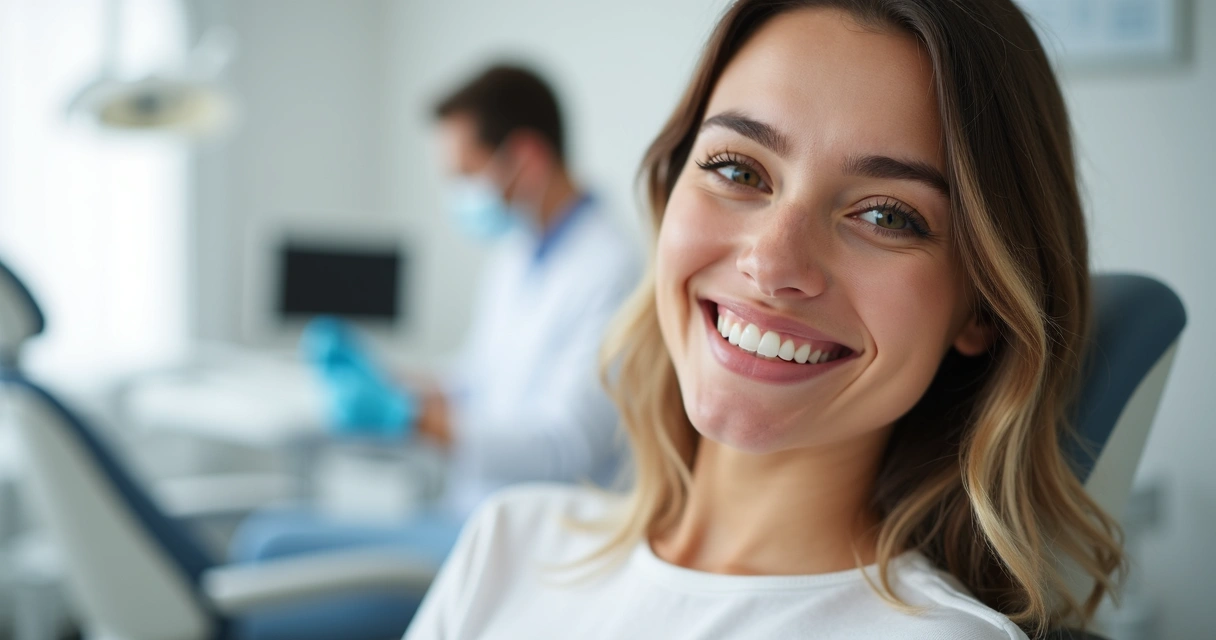 Paciente sorrindo com dentes restaurados em consultório moderno 