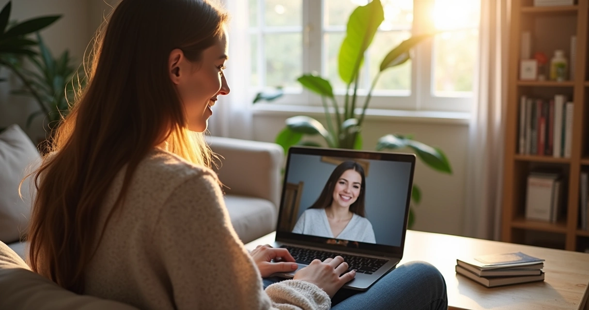 Paciente sorrindo durante vídeo chamada de terapia 