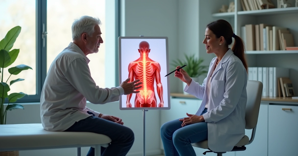 Paciente com fibromialgia em consulta com ortopedista apontando pontos de dor em modelo muscular 