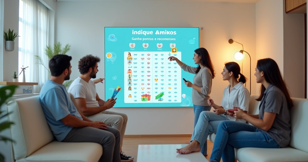 Pacientes em sala de espera de clínica participando de campanha gamificada em painel digital 