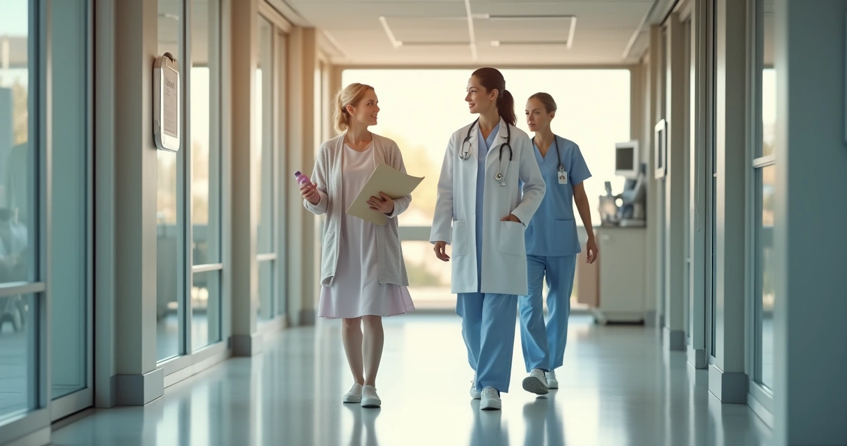 Paciente deixando hospital acompanhada por equipe médica feminina 