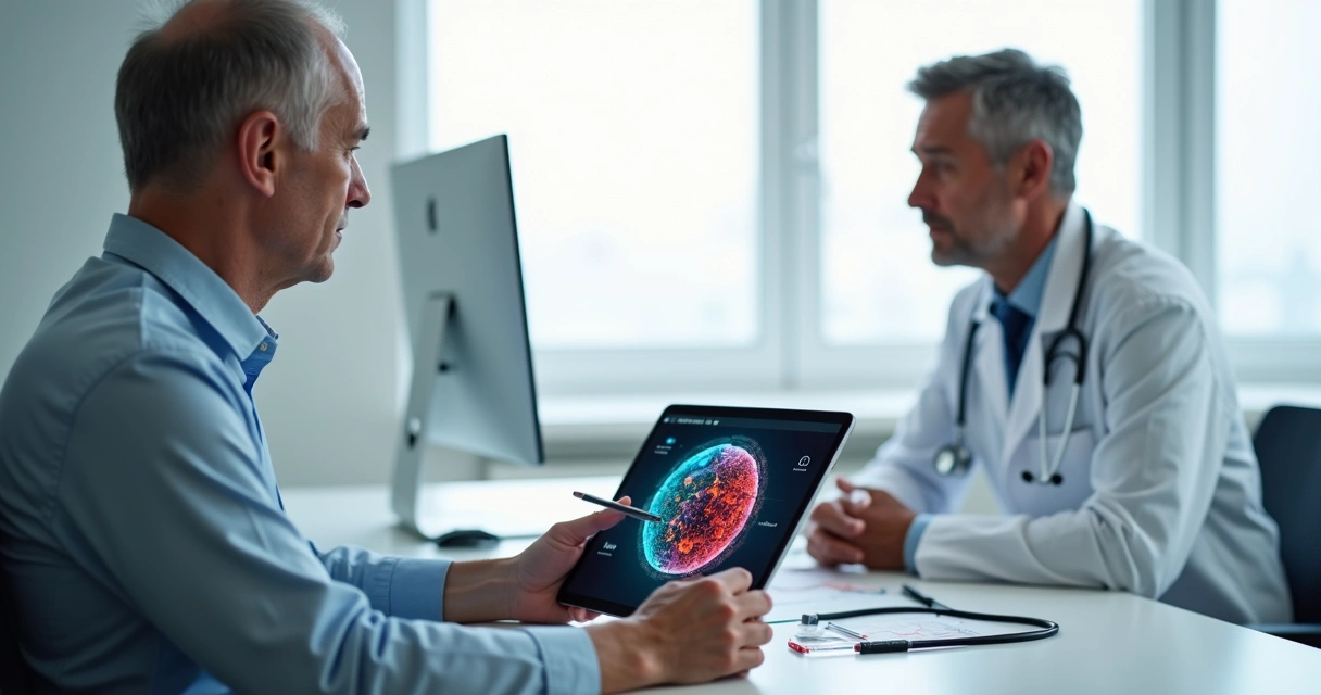 Hematologista explicando tratamento de leucemia linfoide crônica a paciente em consulta 