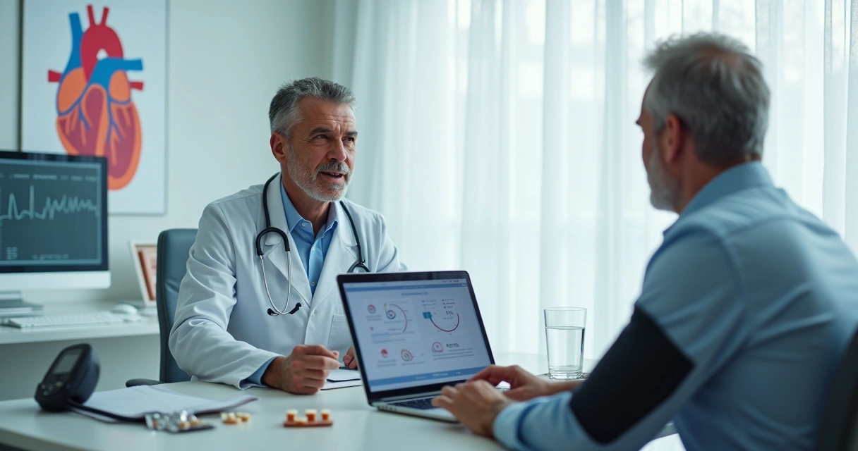 Paciente com pressão alta conversando com cardiologista em consultório moderno 