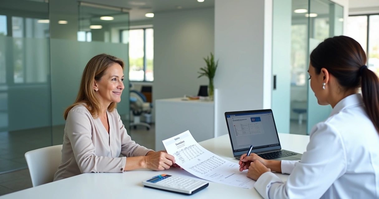 Dentista mostrando opções de pagamento parcelado para paciente de implante dentário em consultório moderno 
