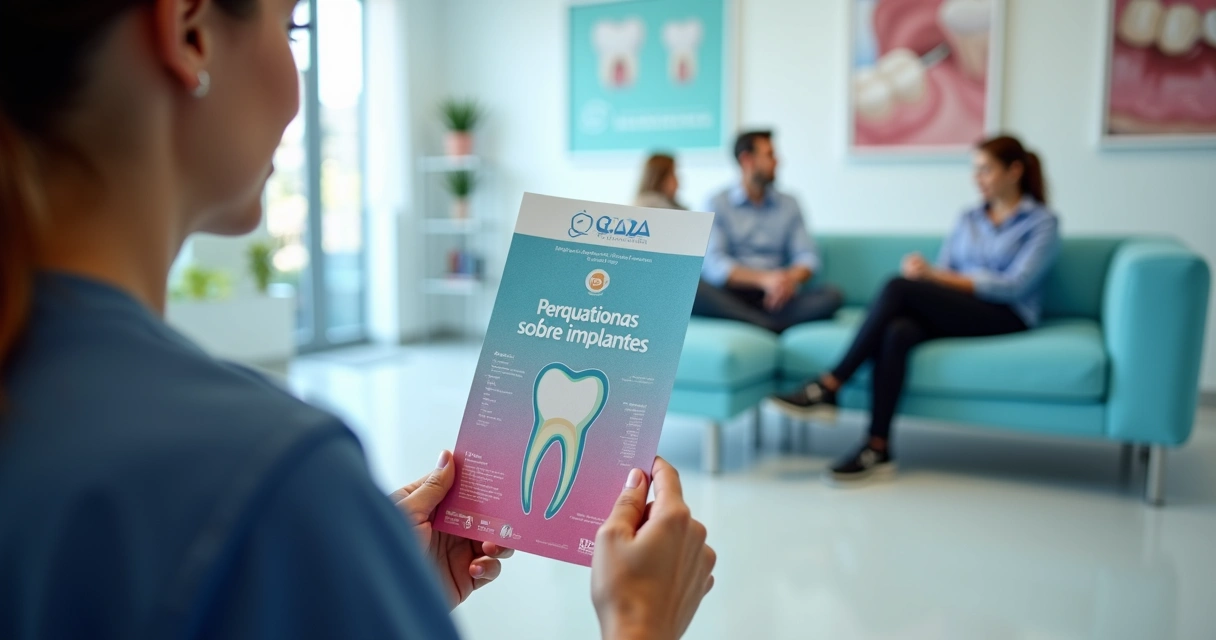 Paciente segurando folheto com perguntas frequentes sobre implante dentário durante consulta 