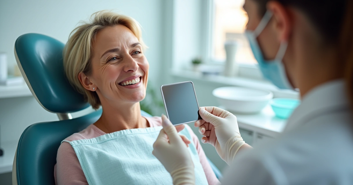 Paciente de implante dentário feliz com sorriso novo na clínica
