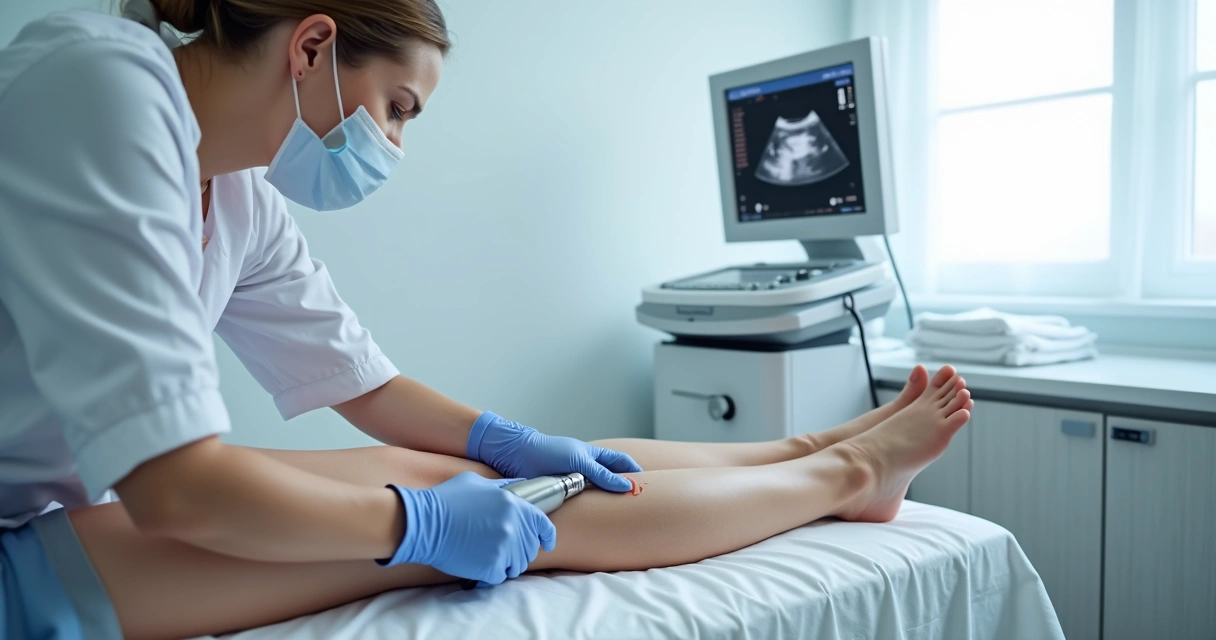 Médico aplicando laser endovenoso nas pernas de paciente em clínica moderna 