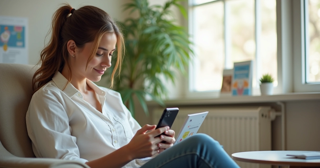 Paciente sentado na recepção lendo blog da clínica no celular