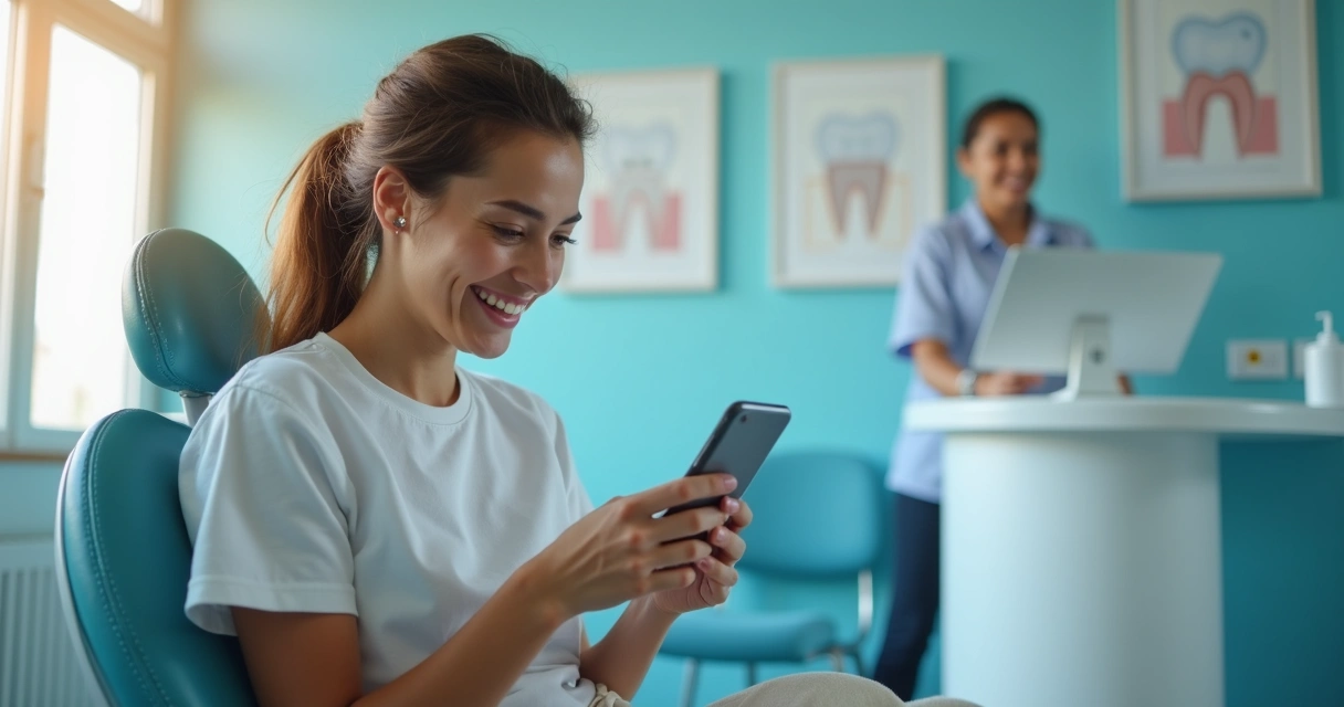 Paciente olhando o telefone e sorrindo após receber lembrete de consulta odontológica