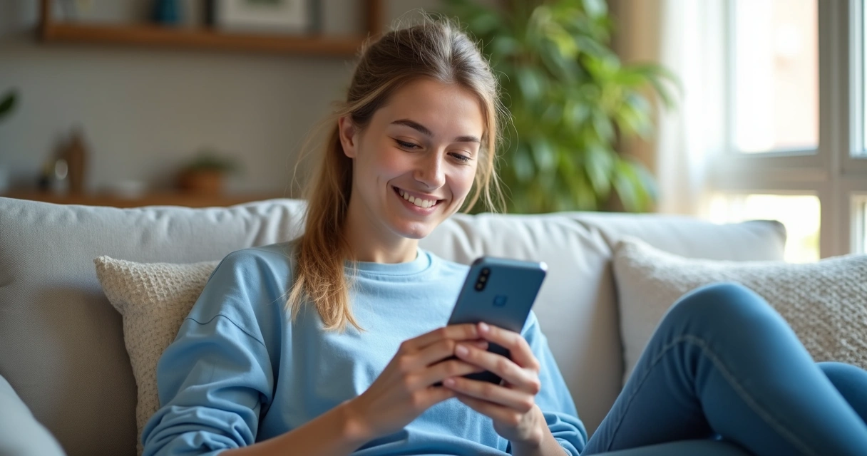 Paciente sentado lendo e-mail no celular em ambiente doméstico 