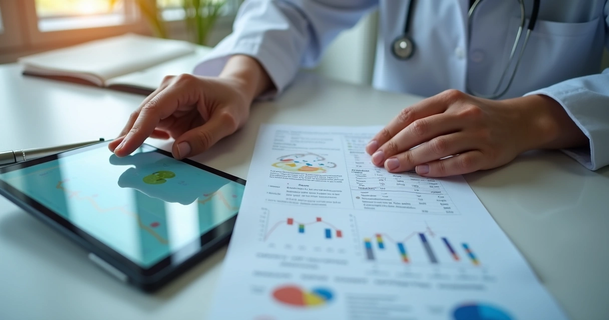 Paciente lendo estudo científico nutricional com indicadores de pesquisa