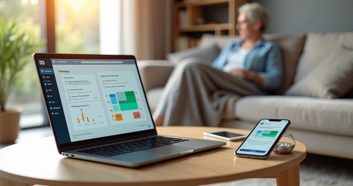 Paciente revisando plano de cuidados de telemedicina em casa com notebook e celular 