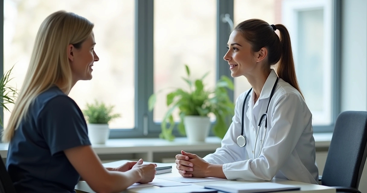 Paciente adulto conversando com médica oncologista em consultório de forma acolhedora. 
