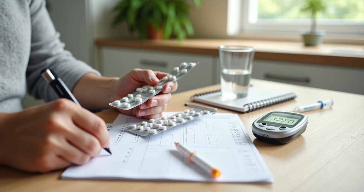 Paciente organizando comprimidos de diabetes e fazendo anotação de glicemia numa mesa clara 