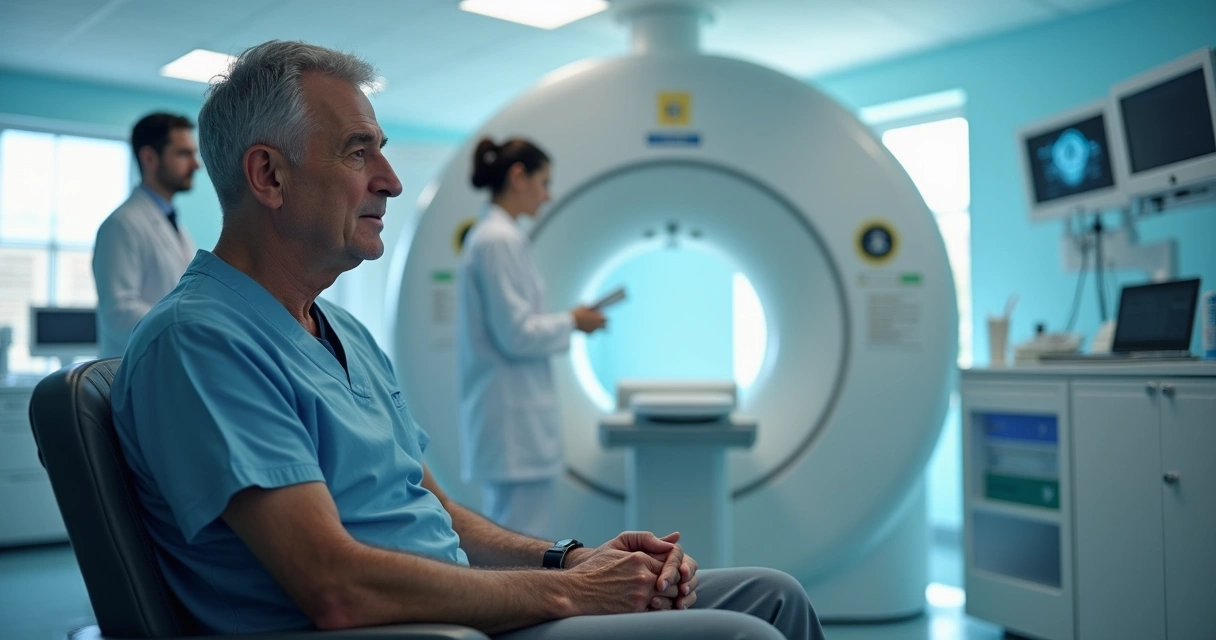 Paciente em sala de medicina nuclear aguardando exame PET-CT 