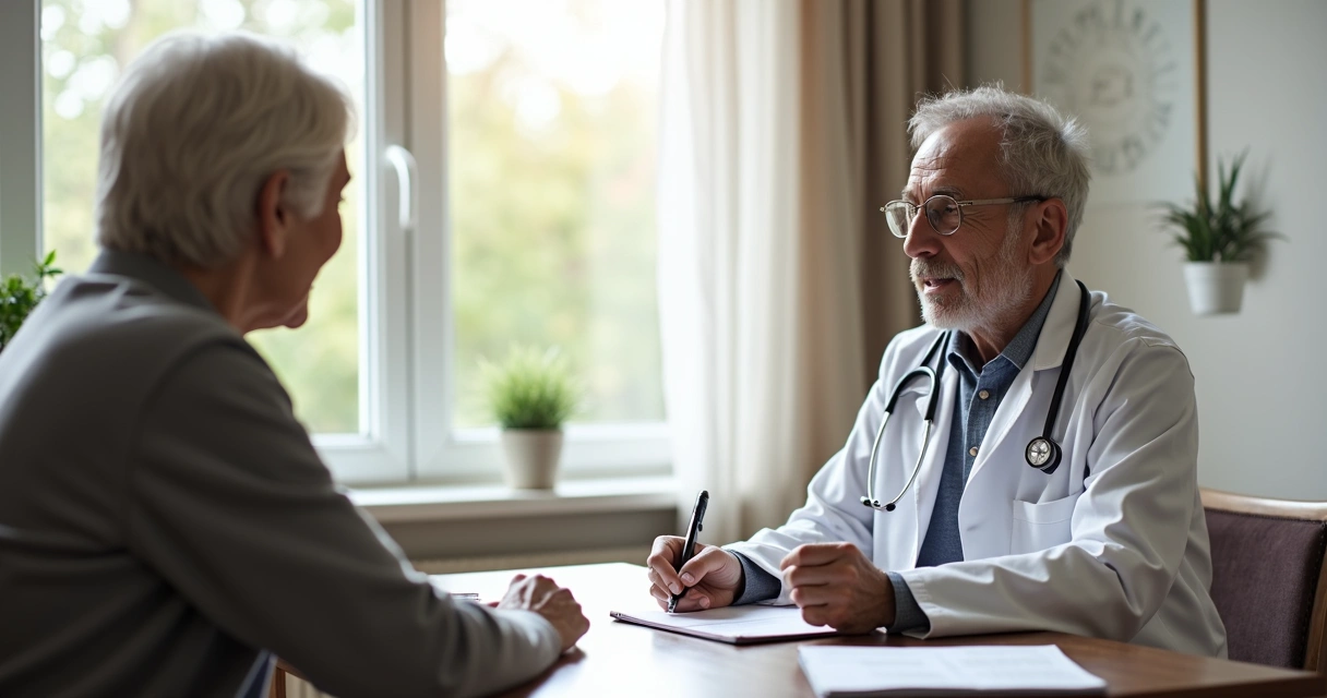 Médica conversando com paciente em consulta detalhada 