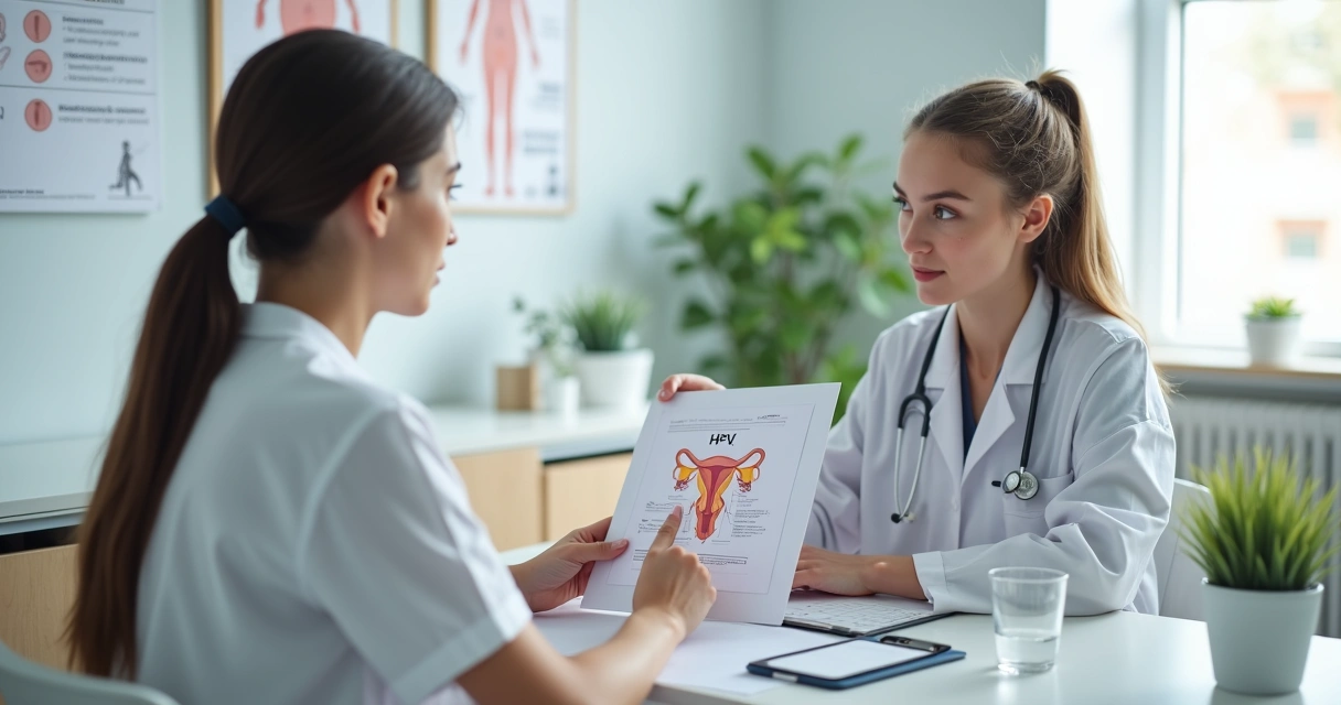 Paciente em consulta com médica recebendo orientação sobre diagnóstico de HPV 