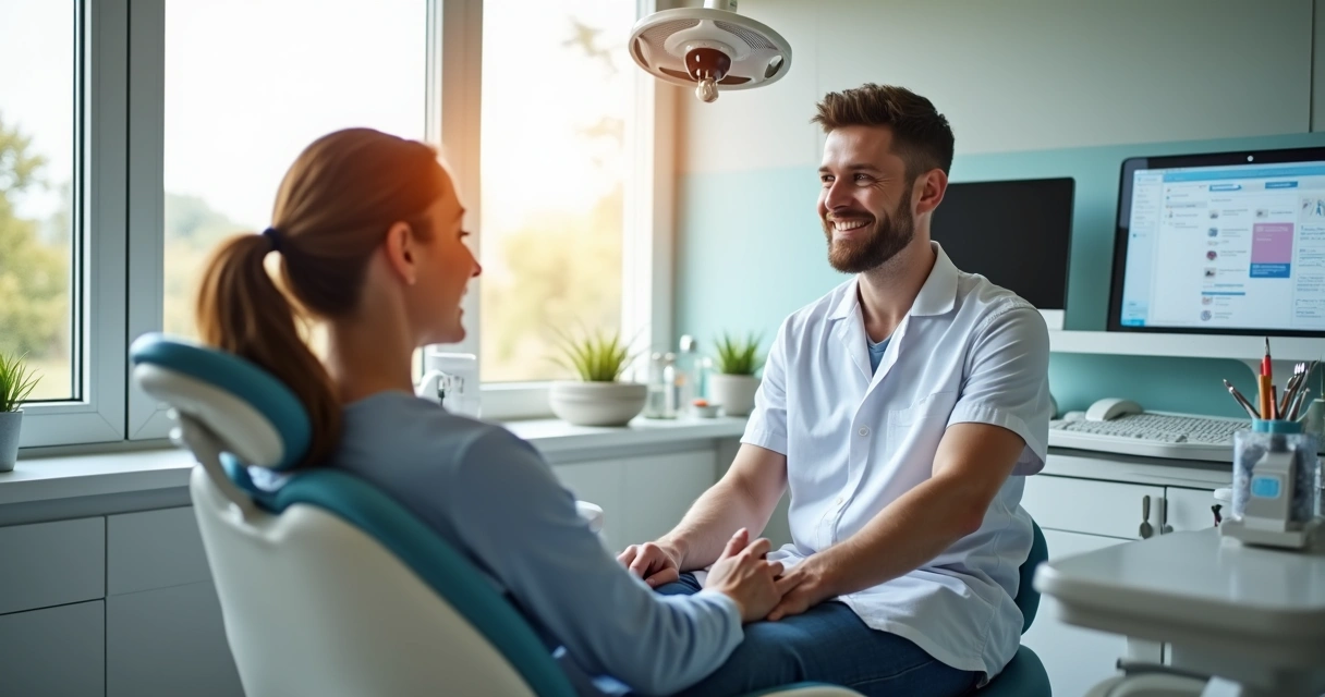 Paciente na cadeira odontológica conversando com dentista