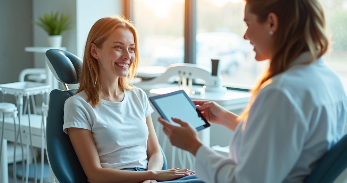 Paciente sorrindo em uma clínica odontológica, ao lado de uma cadeira odontológica e equipamentos modernos. 