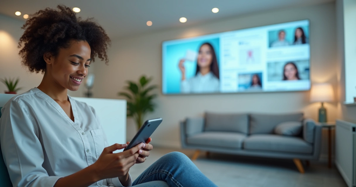 Pessoa usando smartphone na recepção de clínica odontológica 