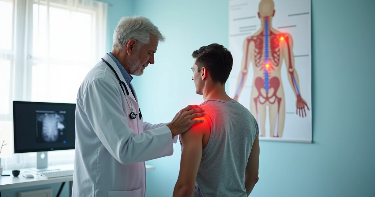 Ortopedista examinando ombro dolorido de paciente em consultório 