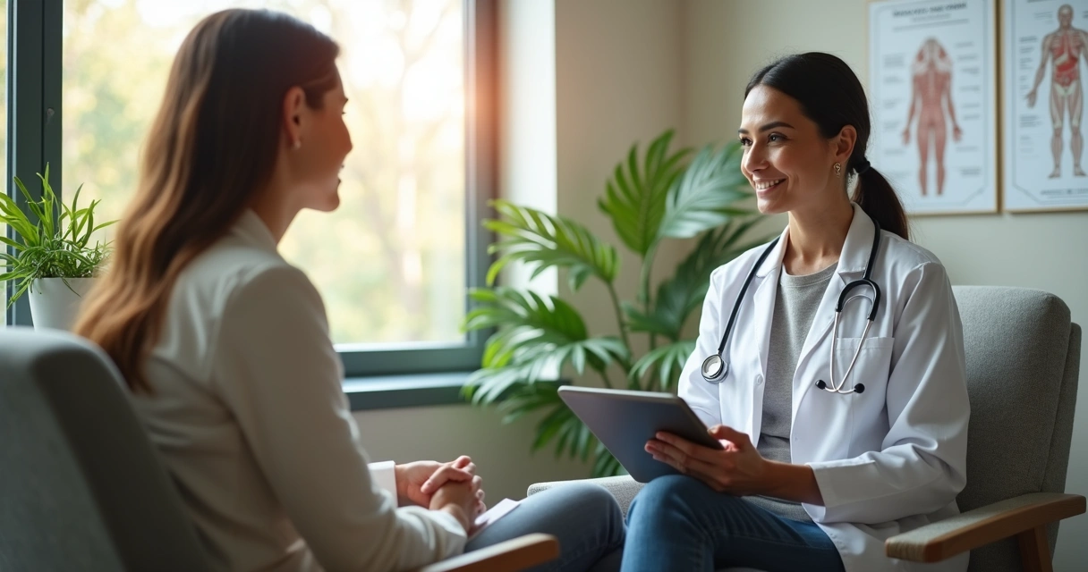 Paciente recebendo atendimento humanizado de médica oncologista em consultório com iluminação natural 