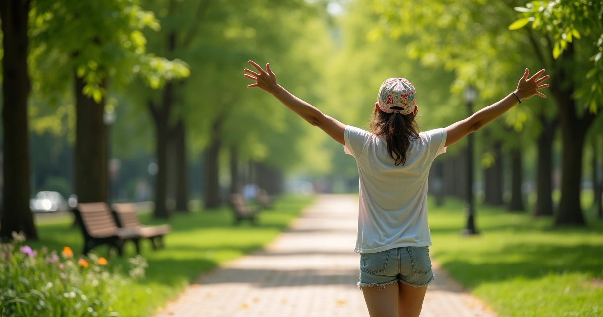 Pessoa sorrindo caminhando devagar ao ar livre em trilha de parque 