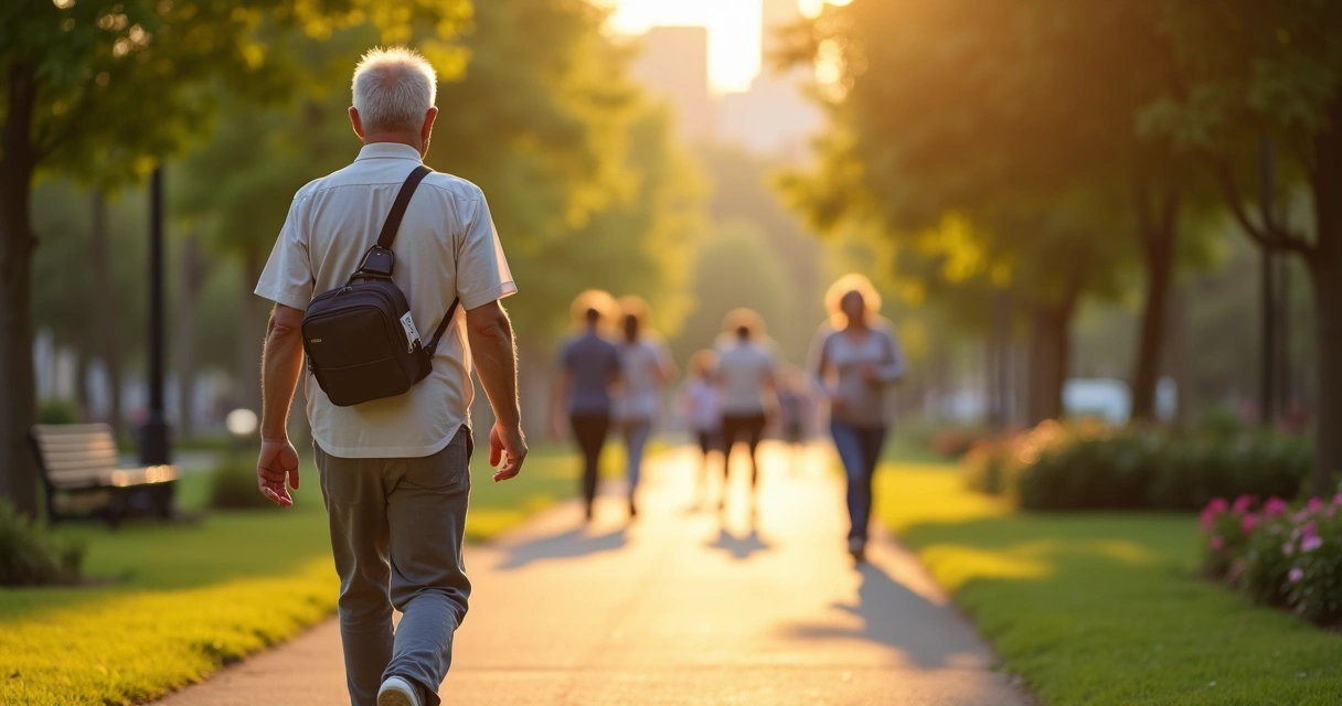 Paciente oncolológico caminhando em parque com mochila de infusão discreta 