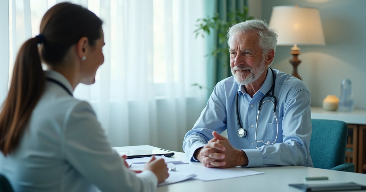 Paciente oncológico sentado em consultório médico conversando com profissional da saúde