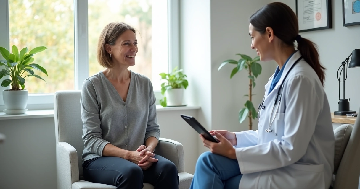 Paciente oncológico recebendo atendimento humanizado em consultório médico moderno e iluminado 