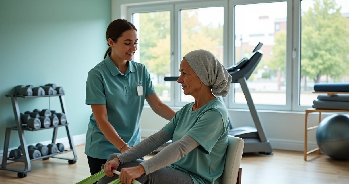 Paciente em tratamento oncológico fazendo exercício adaptado com fisioterapeuta em academia clínica 
