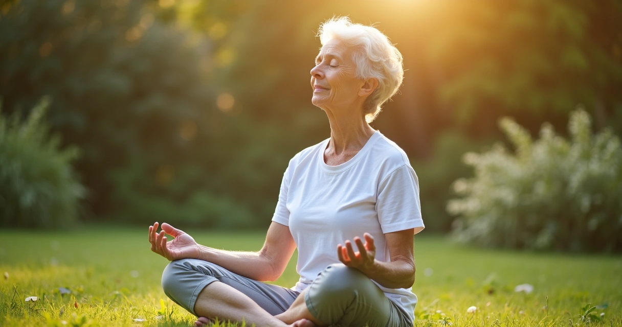 Paciente com câncer praticando meditação sentado em um jardim 