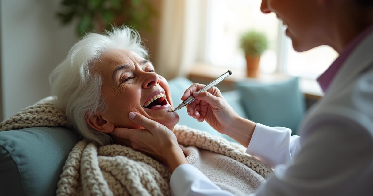 Rosto de paciente oncológico sendo examinado em casa 