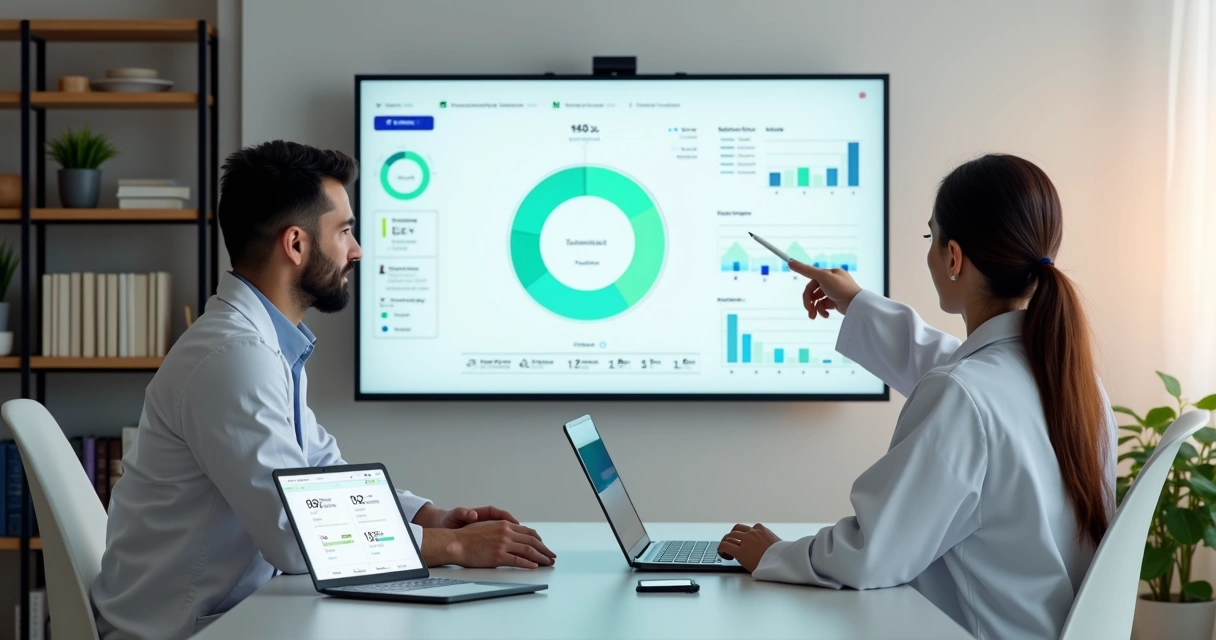 Nutricionista e paciente analisando painel digital com gráficos de evolução clínica 