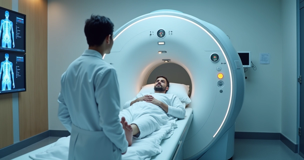 Paciente adulto fazendo exame PET-CT moderno