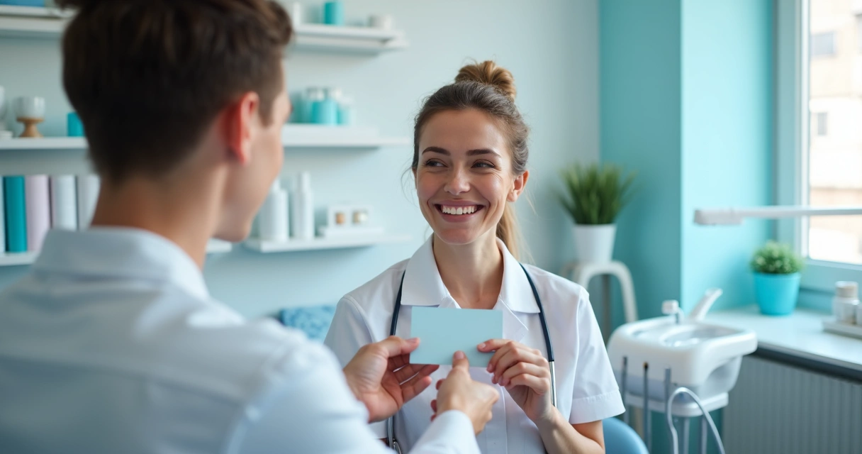 Paciente sorri em consultório dental ao receber cartão físico de plano de fidelidade, visualizando benefícios exclusivos. 