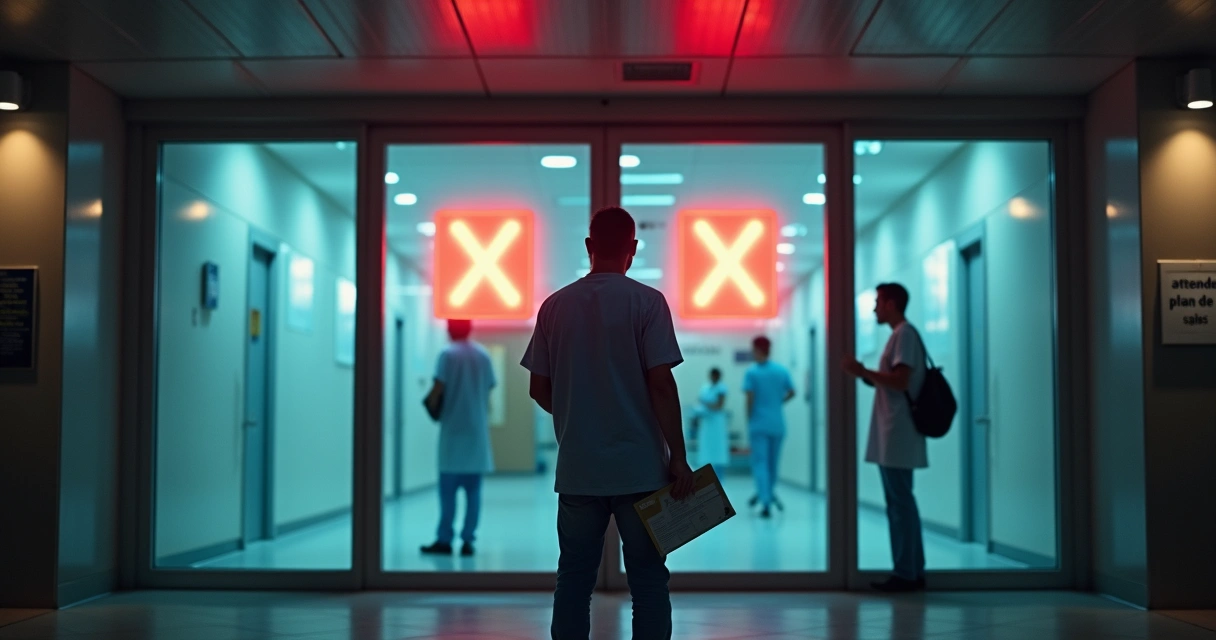 Paciente diante de portas de hospital fechadas com símbolo de plano de saúde recusado 