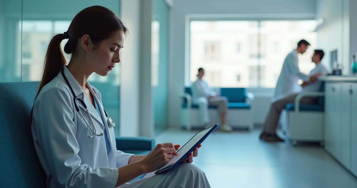 Paciente respondendo a um questionário digital em uma clínica moderna