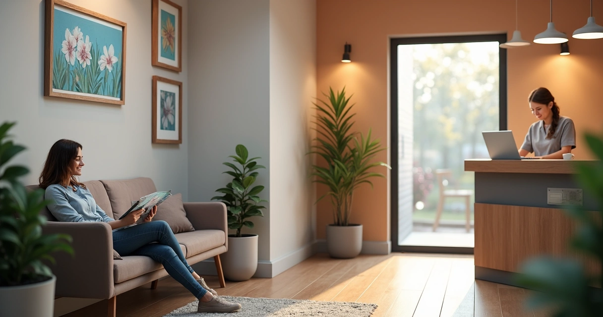 Paciente esperando primeira consulta em recepção acolhedora de clínica odontológica