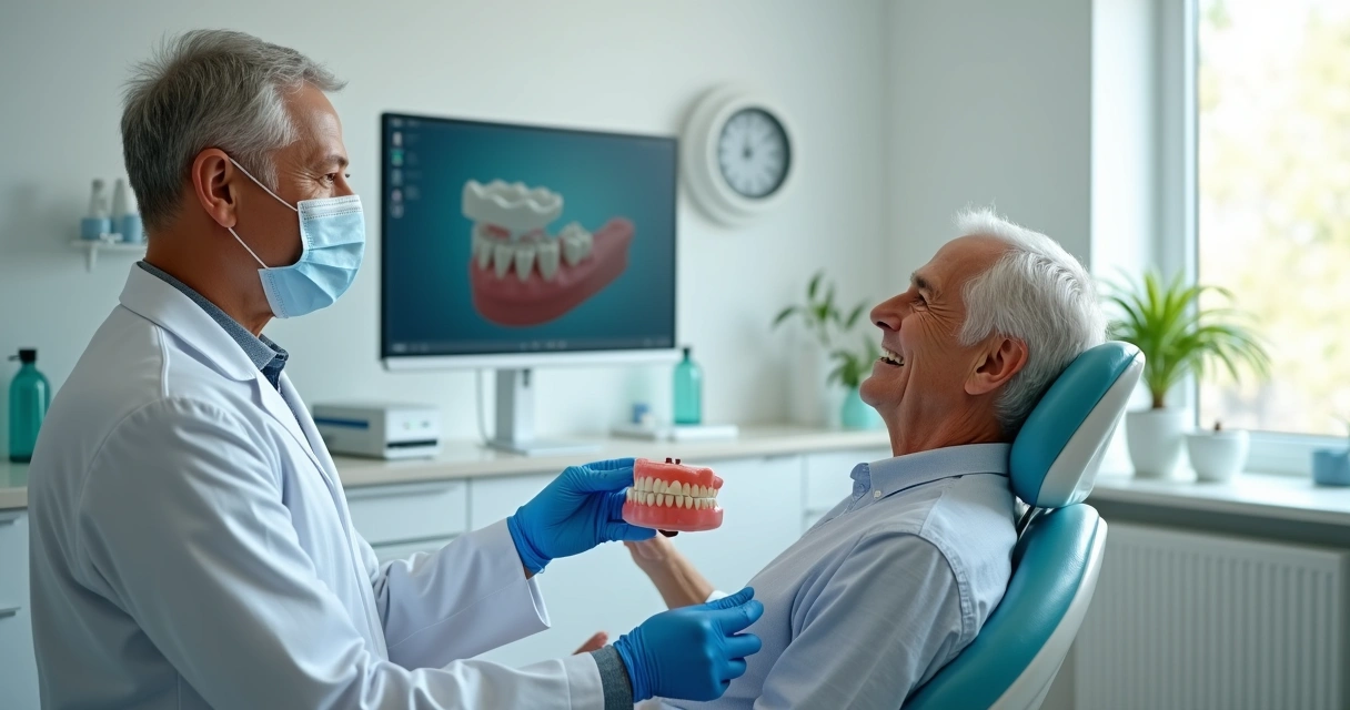 Dentista mostrando prótese dentária para paciente sorridente em consultório moderno 