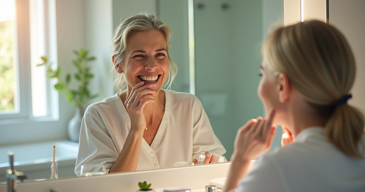 Paciente madura sorrindo ao espelho ajustando prótese flexível recém-colocada 