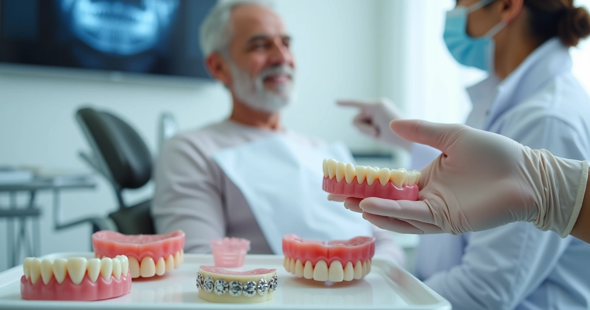 Dentista mostrando prótese móvel superior para paciente sorridente em consultório moderno 