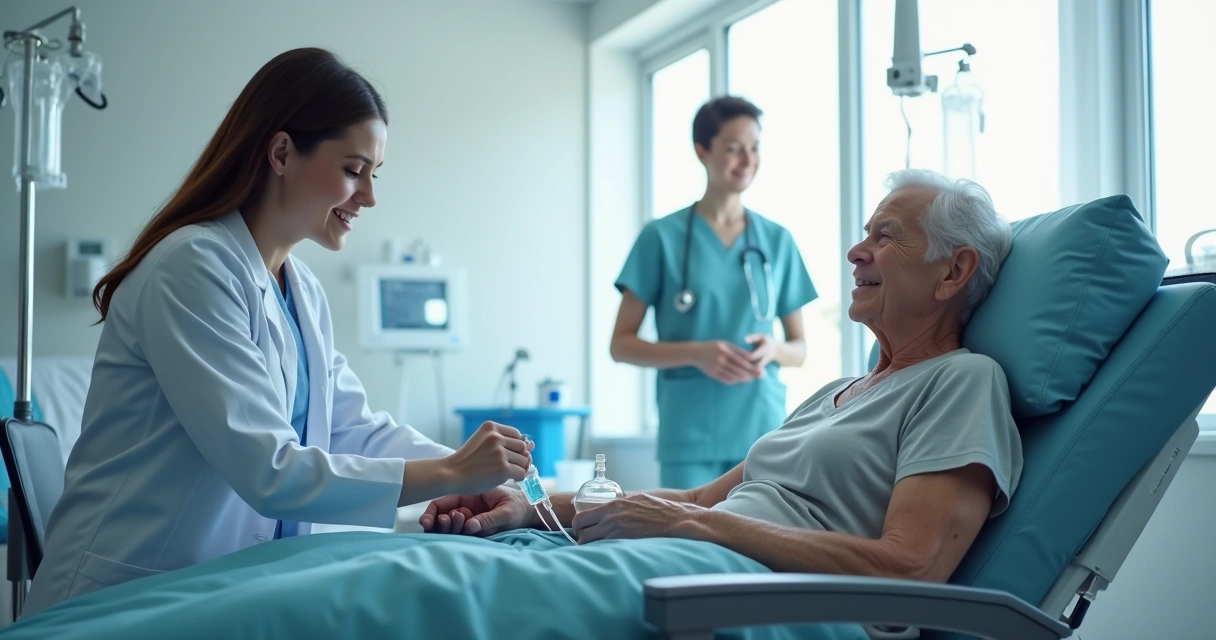 Paciente adulto recebendo quimioterapia intravenosa em ambiente hospitalar bem iluminado com equipe médica atenta ao redor 