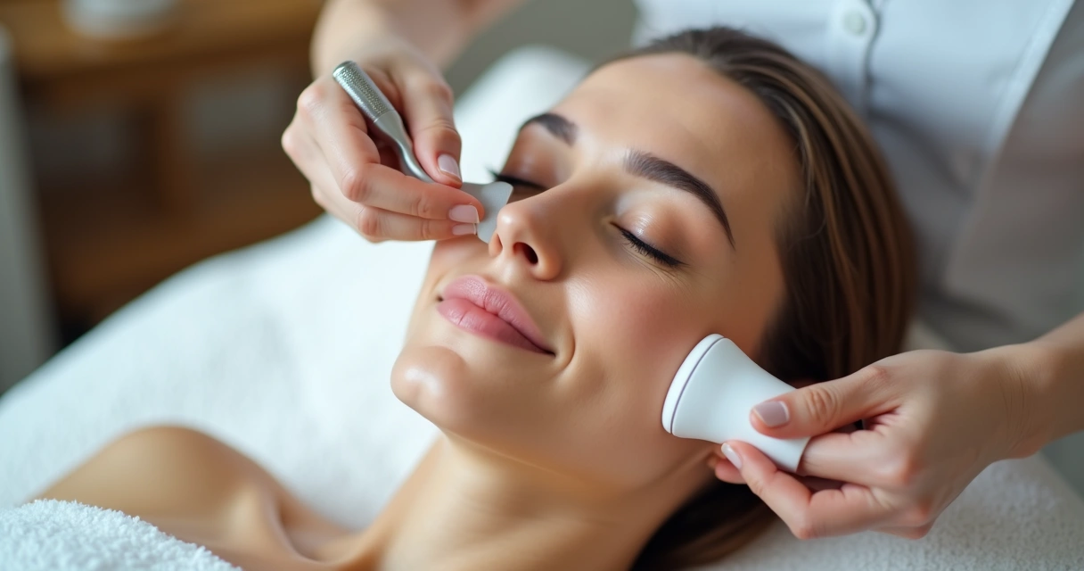 Mujer recibiendo tratamiento de radiofrecuencia facial en un centro de estética