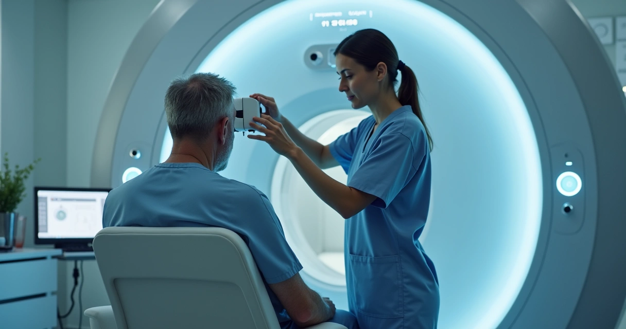 Paciente recebendo tratamento de radioterapia com suporte da equipe médica em ambiente hospitalar moderno 