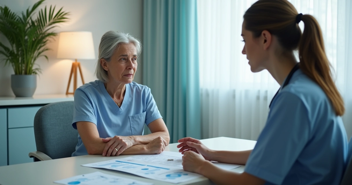 Paciente recebendo orientações de profissional de saúde antes de radioterapia 