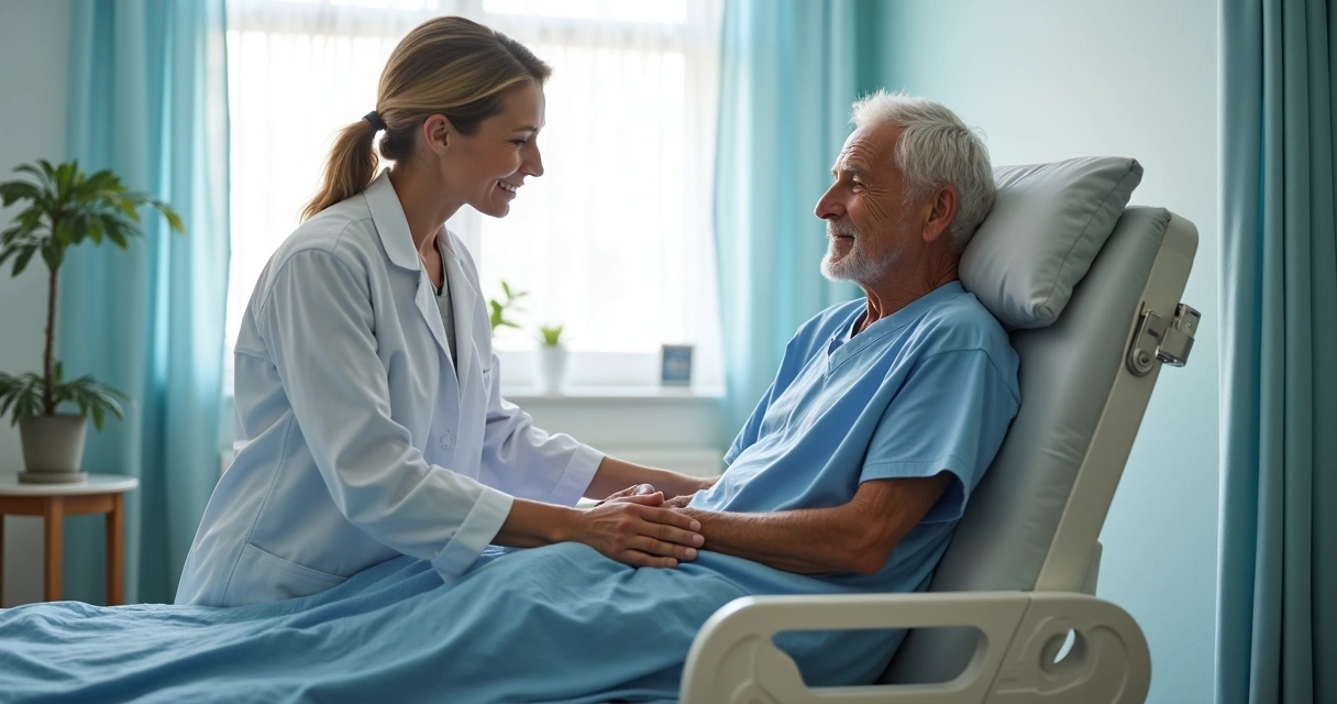 Paciente acometido por AVC em sessão de fisioterapia com médico observando, clínica moderna, equipamentos visíveis