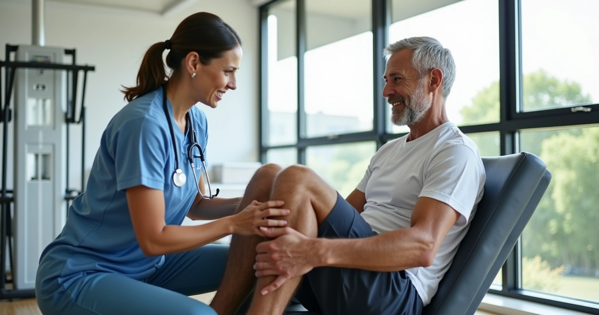 Profissional de saúde auxiliando paciente em fisioterapia do joelho