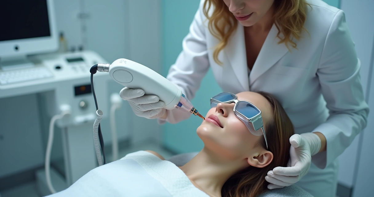 Paciente recebe tratamento a laser facial em clínica estética, especialista utilizando equipamento moderno